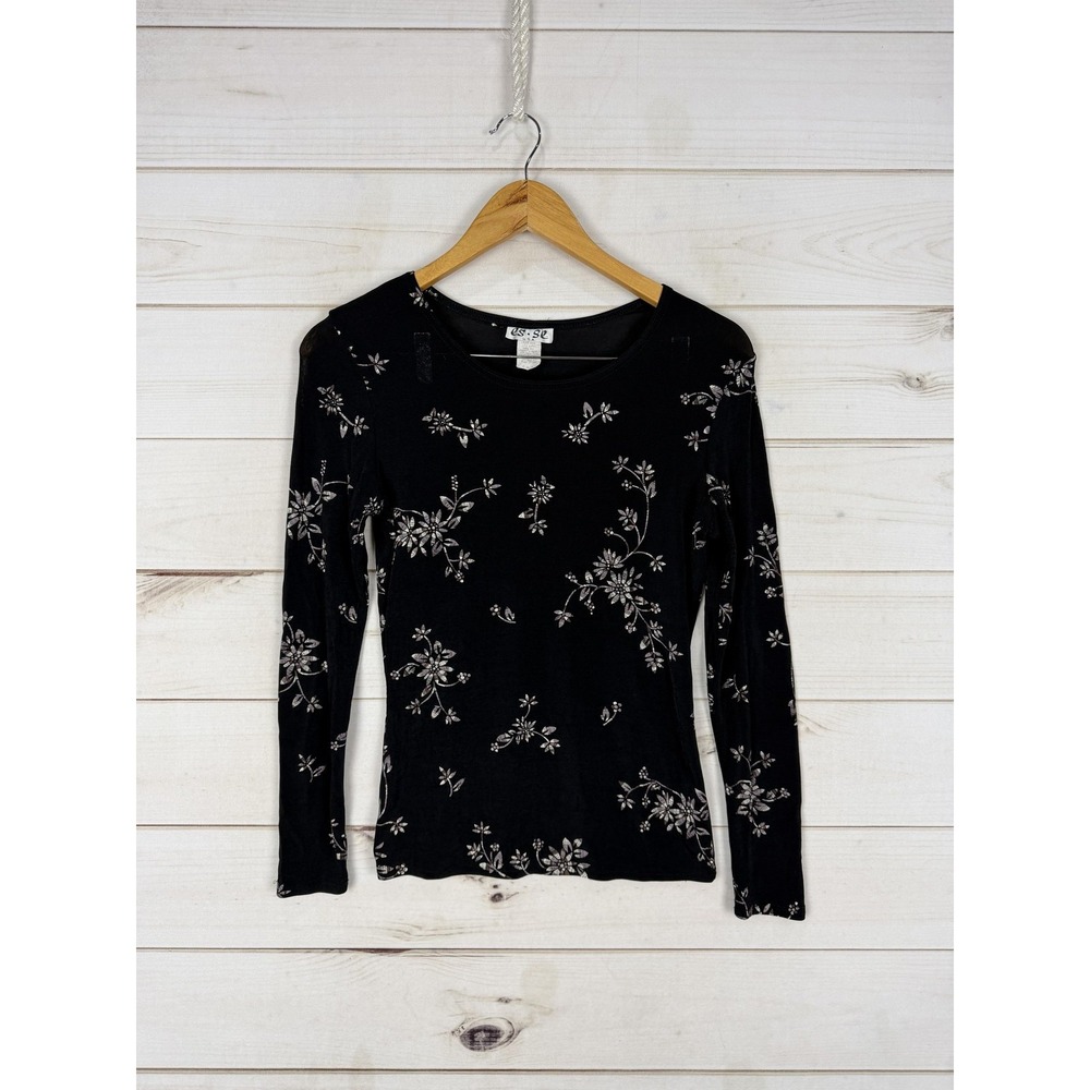 ES SL Top Skirt Set Womens Medium Black Floral Jersey 2 Piece Made USA - Picture 2 of 15